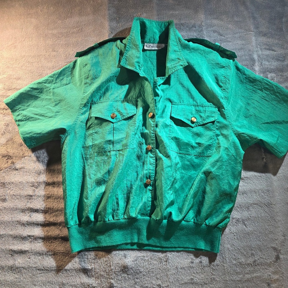 Vintage 80s Safari Silvercord Women‎ 14 Green Utility Epaulet Ribbed Blouse Top